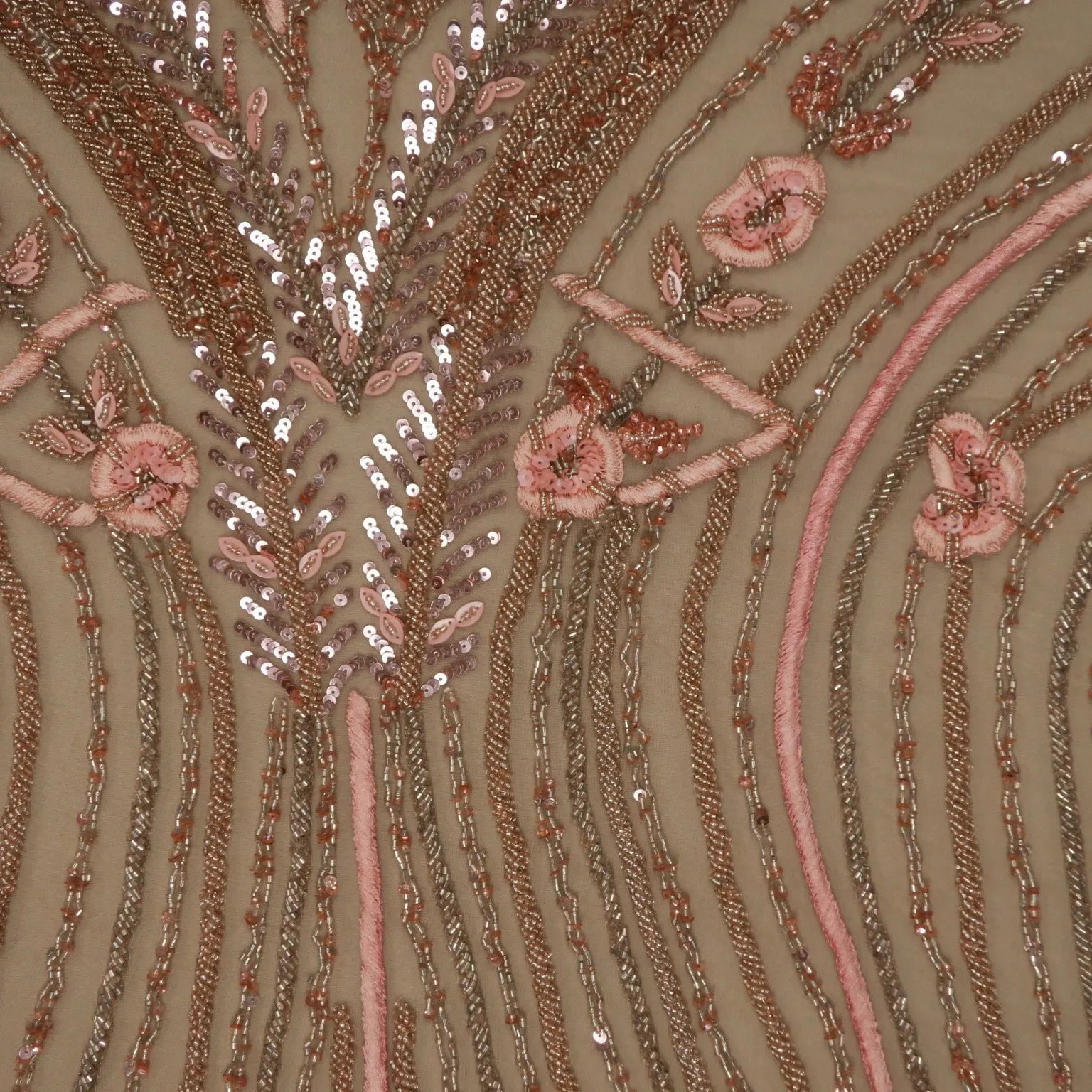 Rose Gold Sequined and Beaded Embroidered Tulle Fabric