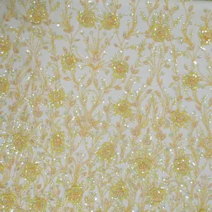 Royal Yellow Sequins and Beads Tulips Floral Embroidered Tulle Fabric