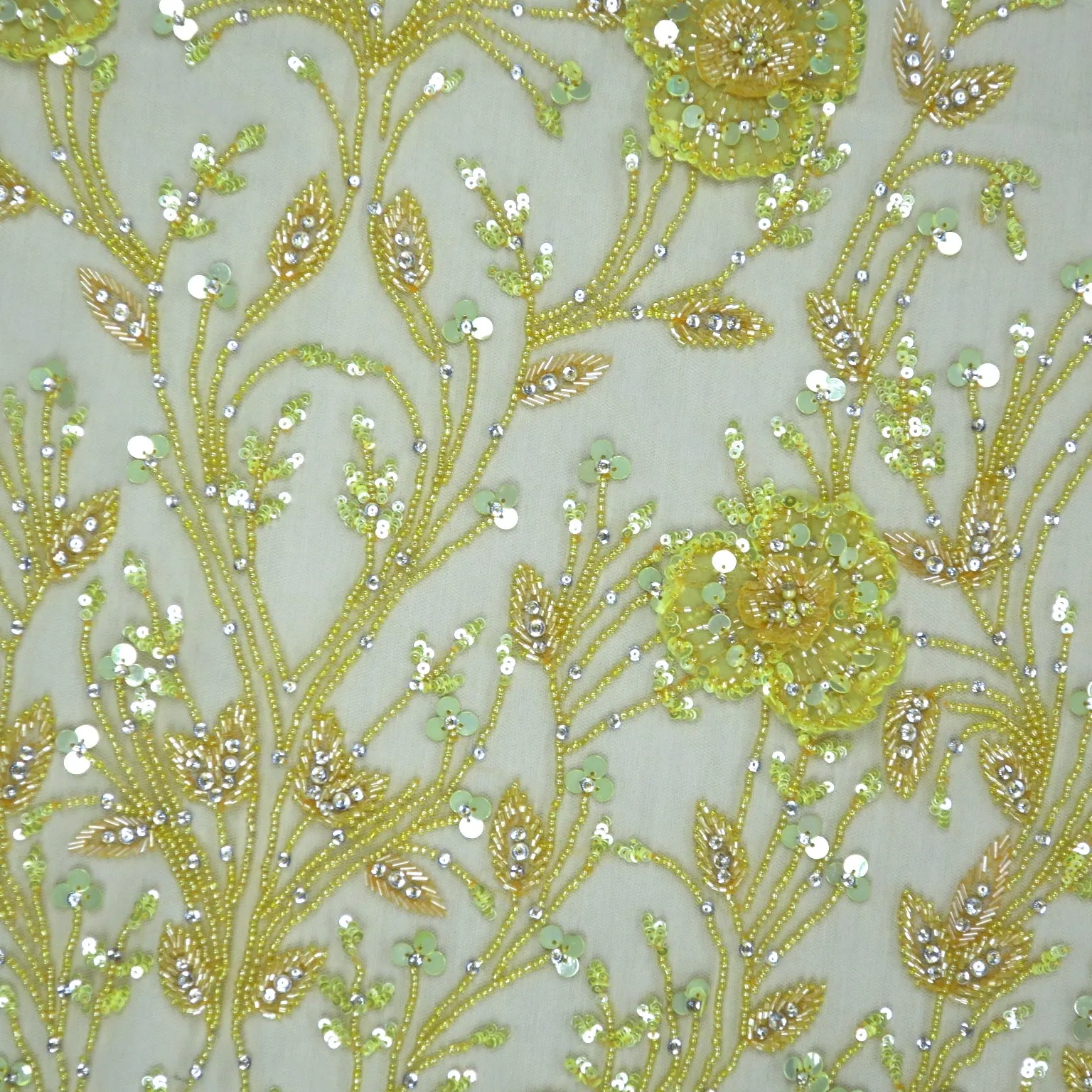 Royal Yellow Sequins and Beads Tulips Floral Embroidered Tulle Fabric