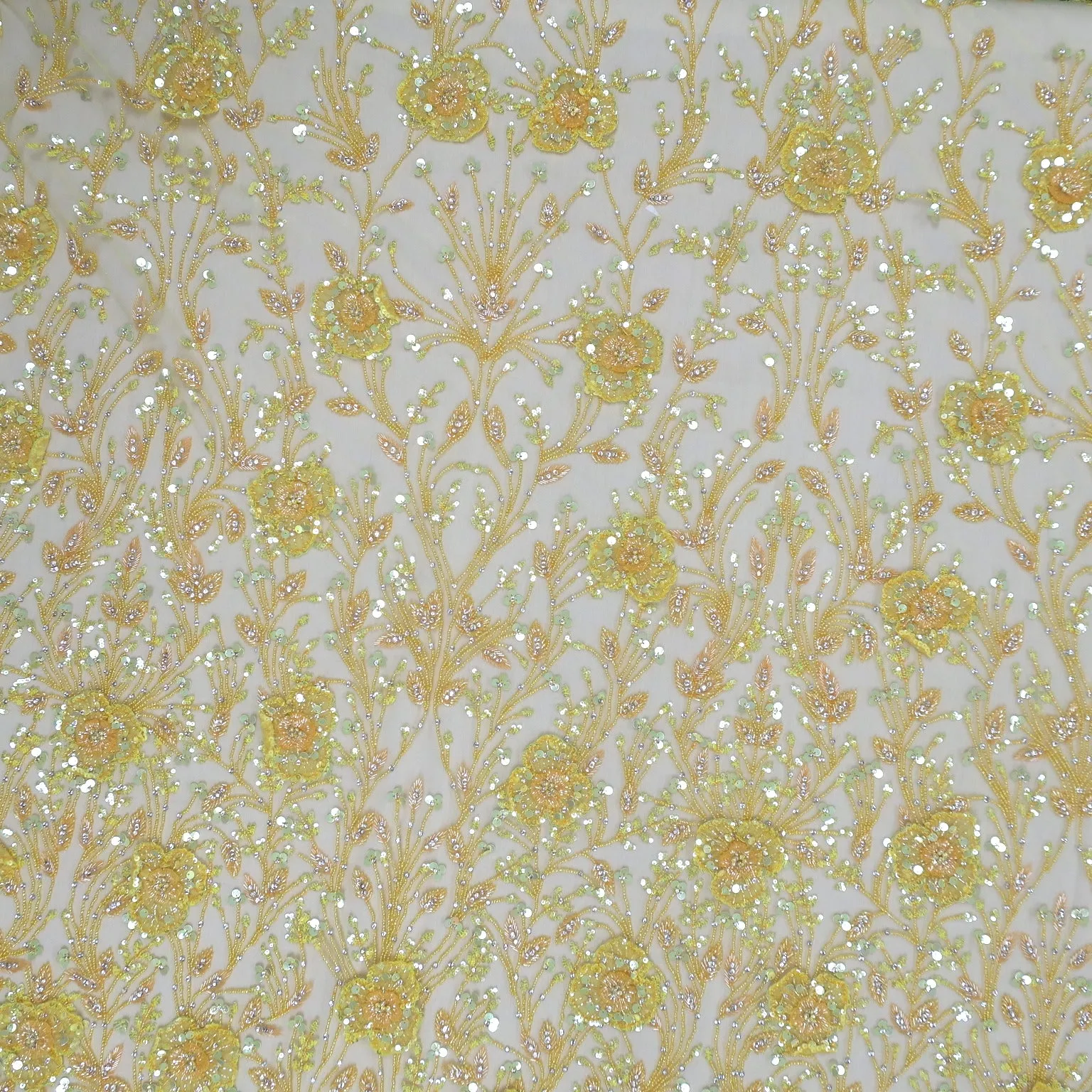 Royal Yellow Sequins and Beads Tulips Floral Embroidered Tulle Fabric