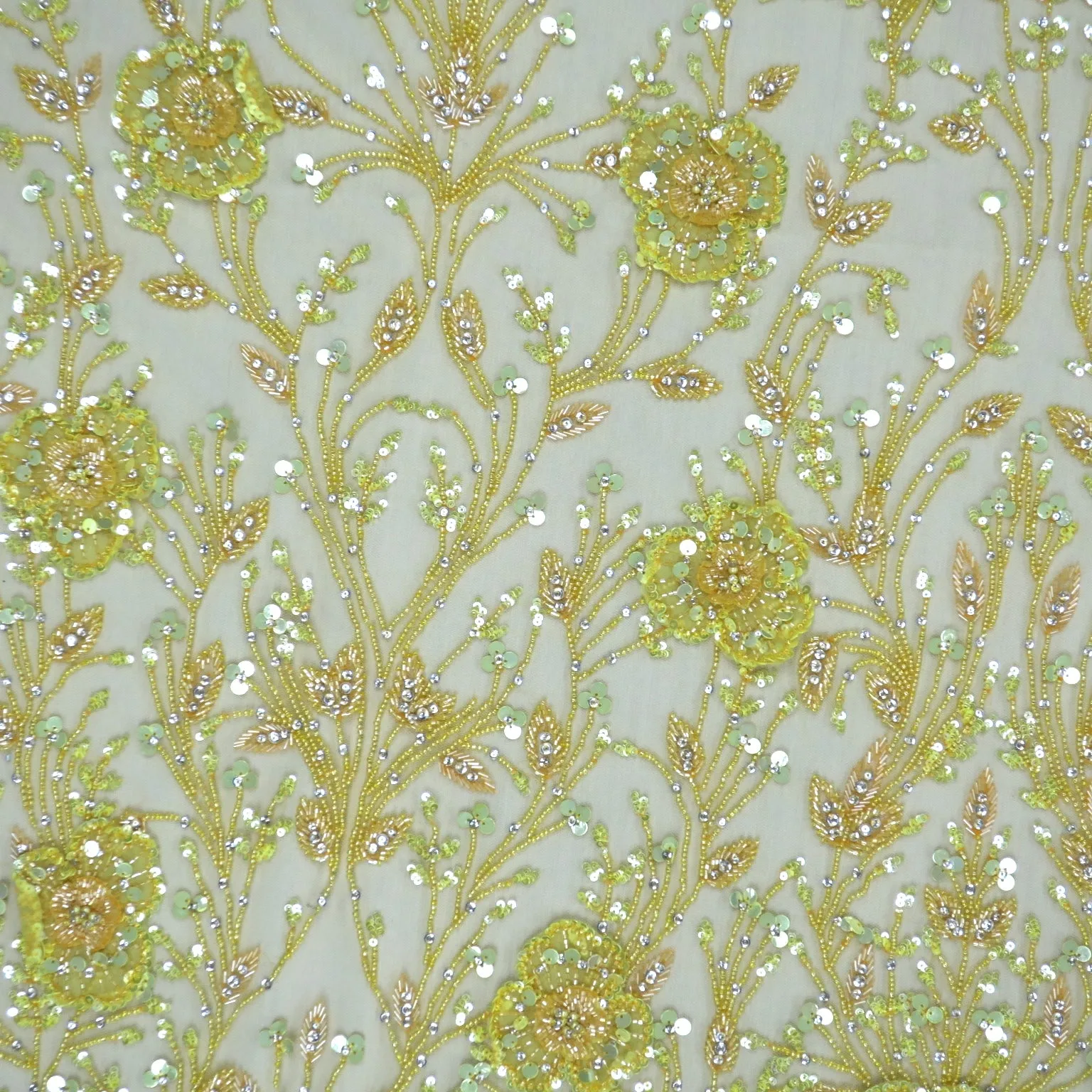 Royal Yellow Sequins and Beads Tulips Floral Embroidered Tulle Fabric