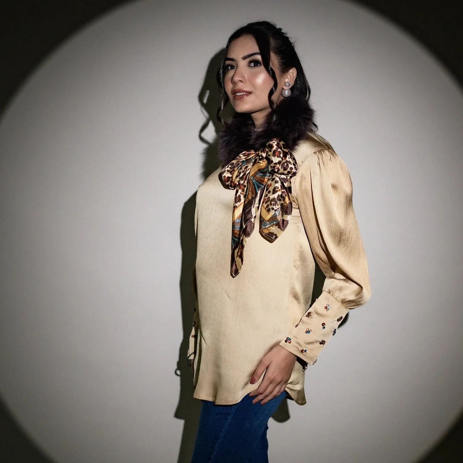 Satin High Neck Shirt: Stone-Embroidered Cuffs, Fur Scarf Accent