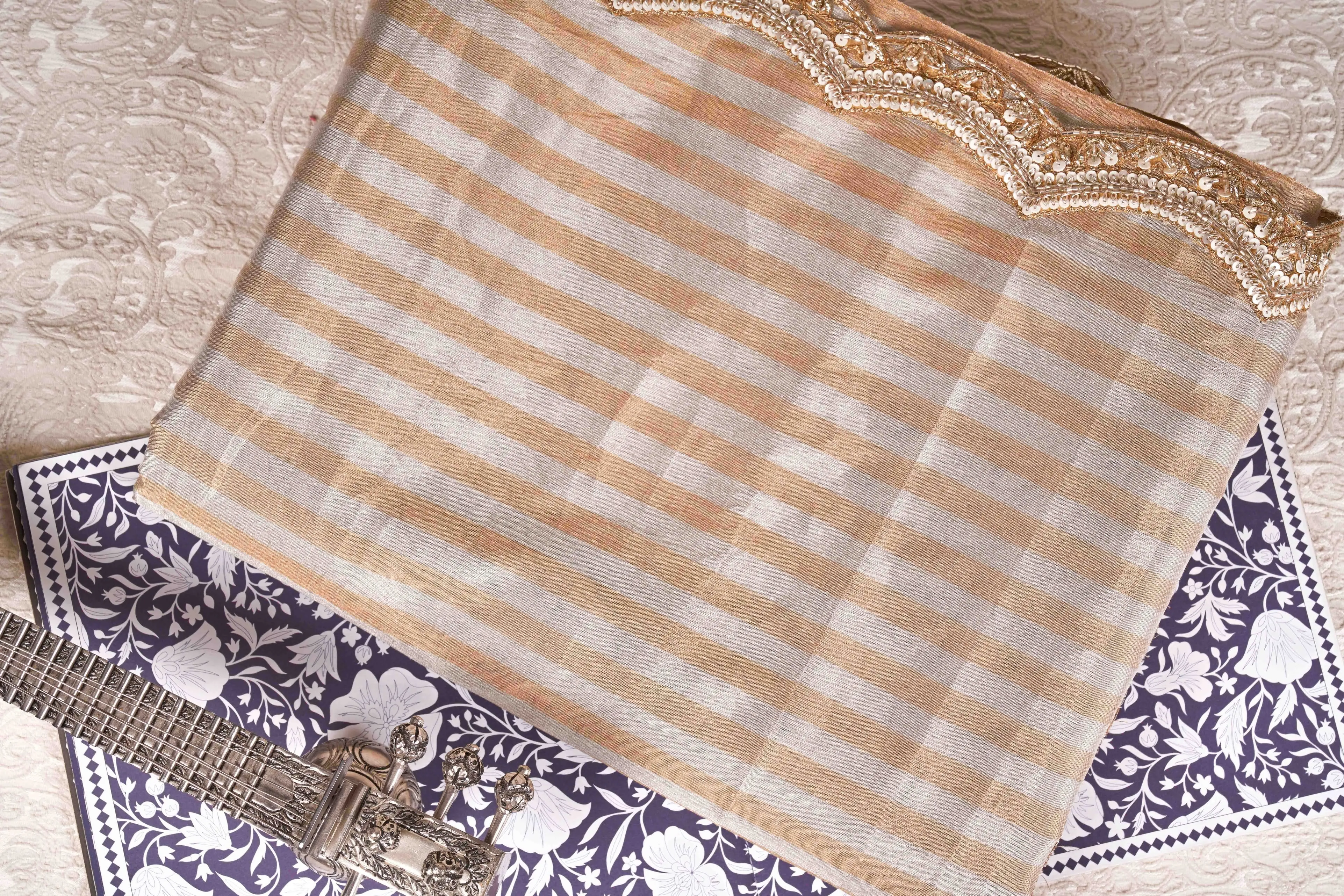 Silver and Gold Striped Tissue Chanderi Saree