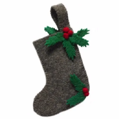 Small Stocking Ornament with Holly in Grey Hand Felted Wool