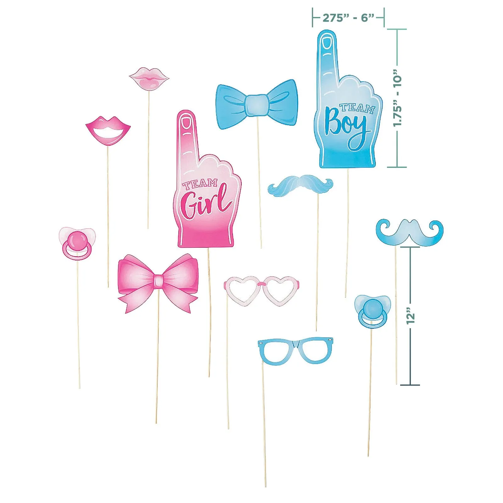 Team Boy or Girl Gender Reveal Baby Shower Party Favors - Pink and Blue Photo Stick Props and Party Glasses for 12 Guests