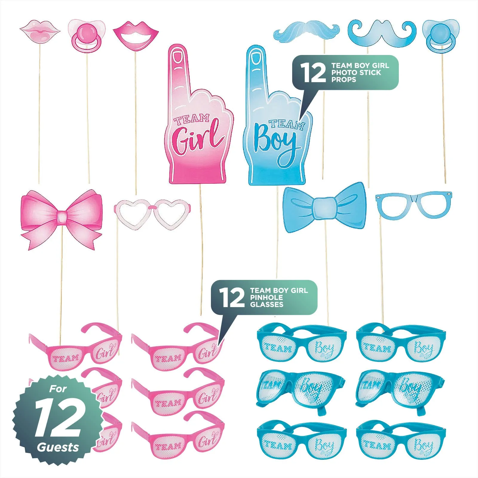 Team Boy or Girl Gender Reveal Baby Shower Party Favors - Pink and Blue Photo Stick Props and Party Glasses for 12 Guests