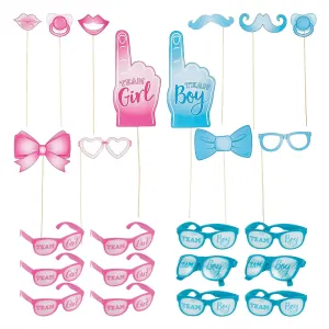 Team Boy or Girl Gender Reveal Baby Shower Party Favors - Pink and Blue Photo Stick Props and Party Glasses for 12 Guests